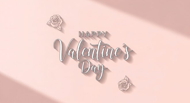 Minimalist happy valentines day greeting card with elegant white script text and delicate rose line art drawings.