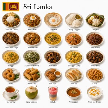 En la imagen se muestran los platos m&aacute;s famosos de la cocina de Sri Lanka como rice and curry, hoppers, kottu roti y fish curry, destacando sabores especiados y tradicionales de la isla.
