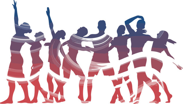 Dynamic dancers silhouettes with abstract colorful striped patterns vector illustration featuring various ballet and contemporary dance poses for artistic performance theater and expressive movement d