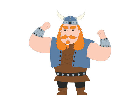 Flexing warrior, horned helmet, lace-up vest, arms raised flexing both fists, studded bracers.