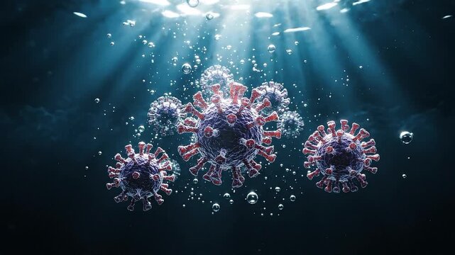 3D Animation of Hantavirus Cells with Spike Proteins Floating on Dark Background, Medical Concept
