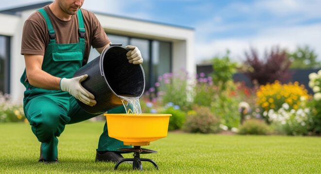 Lawn care professional applying liquid fertilizer to a residential garden with modern home backdrop