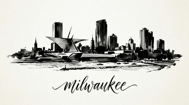 Milwaukee skyline silhouette featuring lakefront architecture, art museum inspired shapes, and downtown towers, black and white ink wash illustration, elegant lettering below reading "MILWAUKEE"