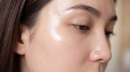 Fototapeta premium Extreme close up glass skin smooth complexion glowing healthy face natural makeup hydrated skin clear pores youthful appearance radiant beauty skincare female serene