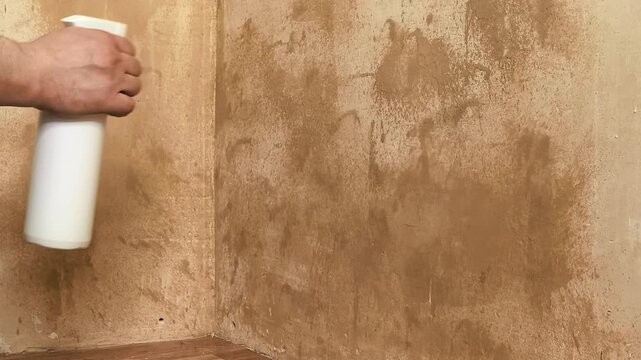 Man applying anti mold spray on wall before priming, home repair process, renovation and mold prevention concept.