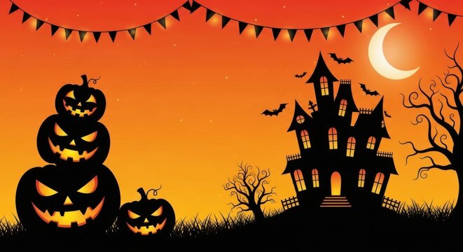 Halloween background with haunted house silhouette, pumpkins, and crescent moon in orange sky