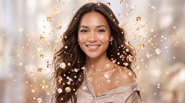 Beautiful woman with long wavy hair smiling, surrounded by floating serum drops, glowing skin, radiant complexion, soft golden background, beauty and skincare concept