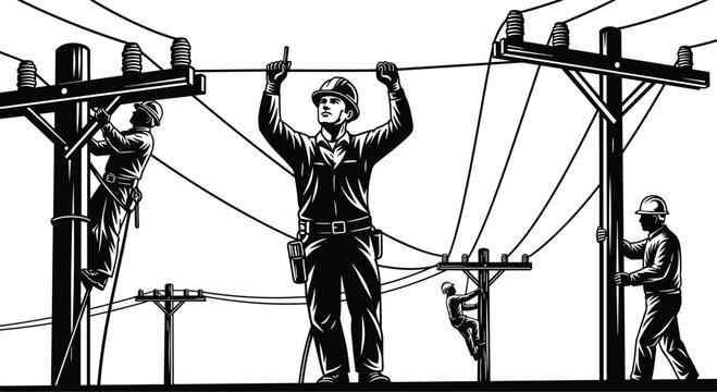 Electrical lineworkers repairing high voltage power lines on utility poles in pitch black solid silhouette cad drawing flat vector illustration,