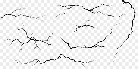 Obraz premium Surface fissures and cracks in ground, concrete, crevices from disaster top view. Breaks on land surface from earthquake isolated on white background. Broken ground, wall, glass pattern effect. Damage