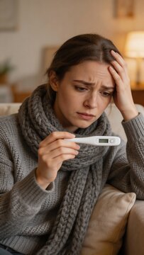 A woman with a scarf around her neck looks concerned while holding a thermometer and touching her forehead in a cozy living room, possibly feeling unwell with a fever or flu.