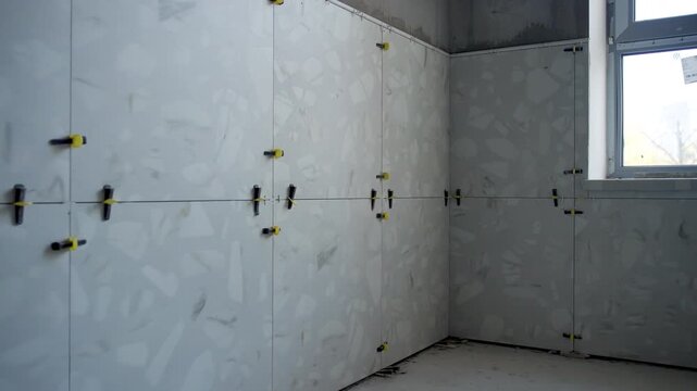 Large gray tiles with marble pattern cover walls during bathroom renovation. Professional leveling system with clips ensures even surface