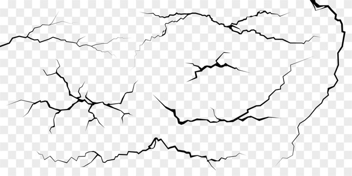 Surface fissures and cracks in ground, concrete, crevices from disaster top view. Breaks on land surface from earthquake isolated on white background. Broken ground, wall, glass pattern effect. Damage