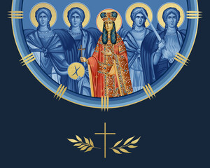Naklejka premium Saint Helena (Ana-Neda) and four cardinal points (Archangel Gabriel, Uriel, Raphael and Michael). Illustration in Byzantine style isolated