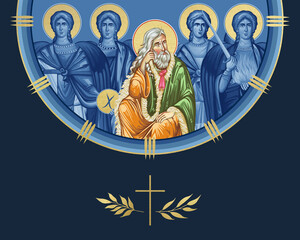 Obraz premium The Prophet Saint Elijah and four cardinal points (Archangel Gabriel, Uriel, Raphael and Michael). Illustration in Byzantine style isolated
