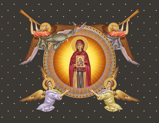 Obraz premium Saint Petka. Saint Parascheva of the Balkans. Decorative vintage illustration with angels in Byzantine style