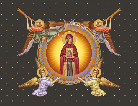Saint Petka. Saint Parascheva of the Balkans. Decorative vintage illustration with angels in Byzantine style