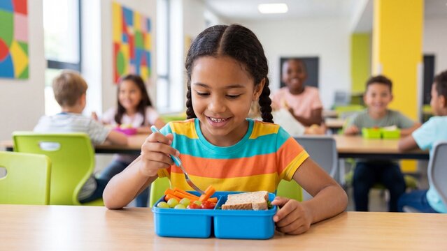 African American girl eating healthy lunch from blue lunchbox in school cafeteria. Diverse children enjoying nutritious meal