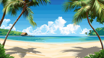 Obraz premium Tropical Beach Landscape with Palm Trees and Clear Waters Under Bright Blue Sky