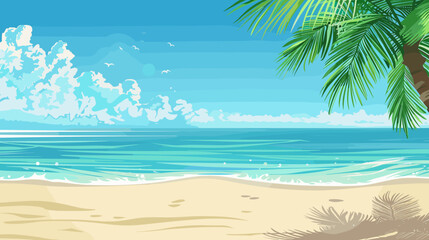 Fototapeta premium Tropical Beach Scene with Clear Blue Ocean and Lush Palm Trees under a Bright Sky