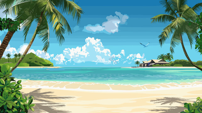 Tropical Beach Landscape with Clear Blue Ocean and Palm Trees on a Sunny Day