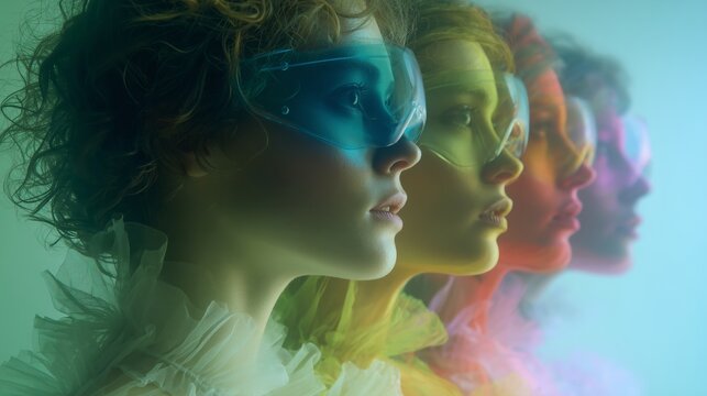 Quadruple Exposure of Women in Profile With Curly Hair and Colorful Rainbow Tones Wearing Futuristic Visor Copy Space