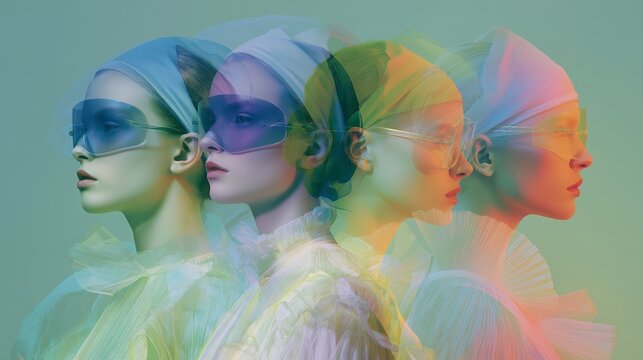 Quadruple Exposure of Women Wearing Headwraps and Glasses in Pastel Tones With Sheer Fabric on Sage Green Background