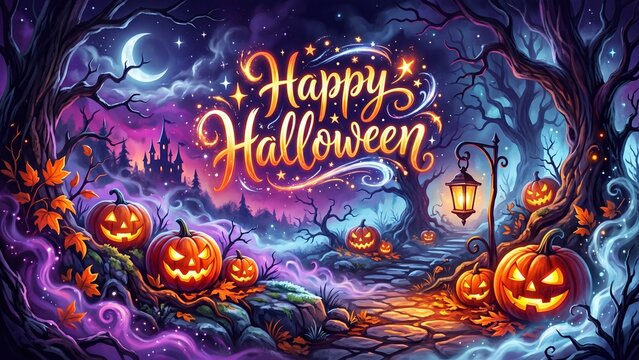 Happy Halloween greeting in glowing script over eerie forest path lined with jack-o-lanterns and autumn leaves. Magical spooky night scene for halloween celebration and seasonal decorations