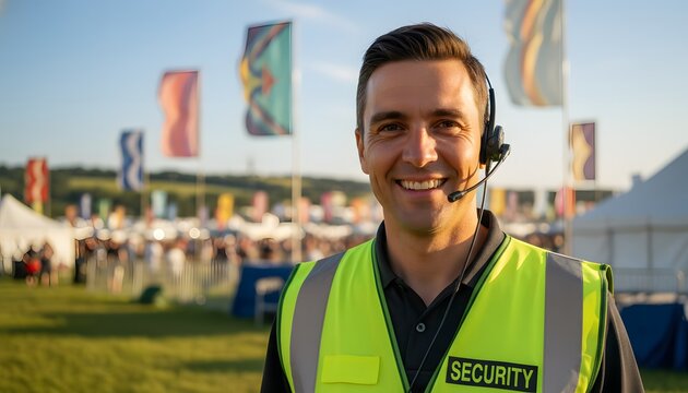Friendly male security guard smiling at the Glastonbury Festival in a high-visibility vest for event safety and professional security service concept during golden hour