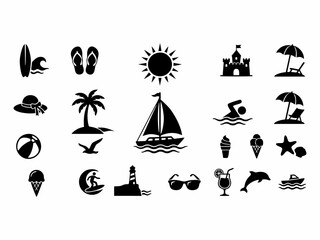 Obraz premium Beach and Summer Vacation Silhouette Icon Set - Tropical Holiday Elements