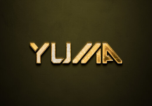 Old gold text effect of Japanese name Yuma with 3D glossy style Mockup.