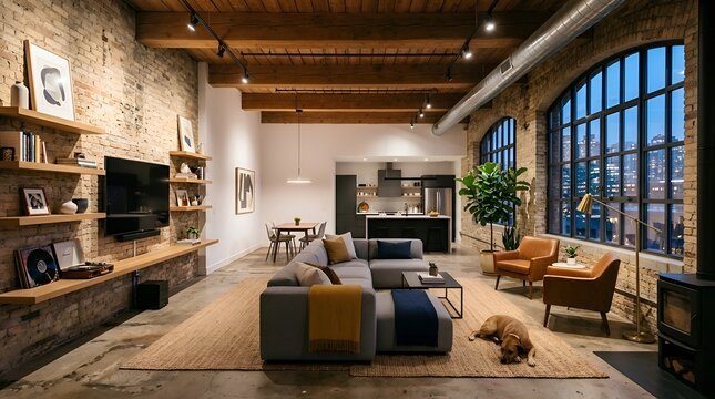 Modern Loft Apartment Interior with Exposed Brick and Natural Light