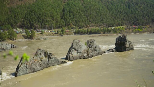 Rock Islands Cutting Through Brown River Channel, Mossy Boulders Creating Foamy Eddies, Steep Forested Hillside Backdrop, Spring Greenery And Scattered Cabins, Drone Moves Along Scenic Shoreline