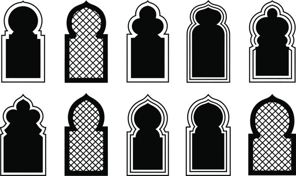 Set of various islamic window and arch silhouettes with decorative patterns middle eastern black and white geometric patterns design elements graphic elements silhouettes patterns