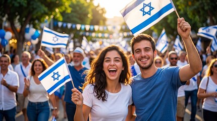 Obraz premium Joyful young woman and man waving Israeli flags amid cheering crowd. Israel independence day parade celebration. National pride unity and festive street gathering in sunny evening light