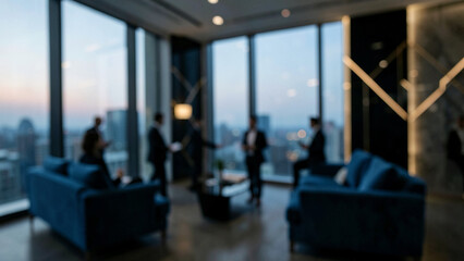 Plakat Corporate networking in modern office with city skyline view