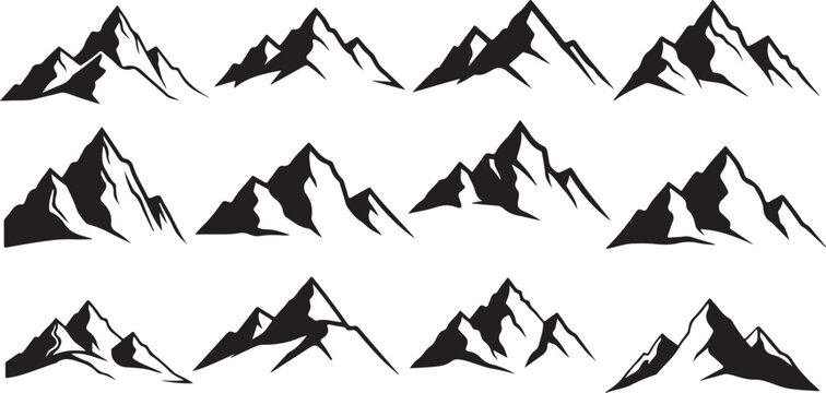 Black and white mountain range silhouette illustrations set