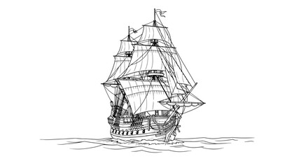 Detailed sketch of a majestic sailing ship on a calm sea © JBO_STUDIO