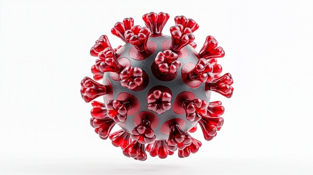 Picture shows a 3D model of the COVID-19 virus. It's separate and against a white background.