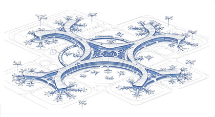 Obraz premium Architectural Blueprint of Futuristic International Airport Terminal, Perspective View Technical Illustration of Modern Aviation Hub with Aircraft Symbols