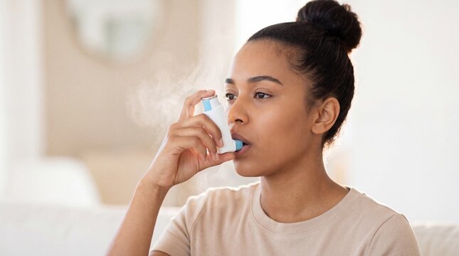 African American woman using inhaler for asthma relief. Female inhaling medication mist at home. Respiratory health treatment and allergy management concept