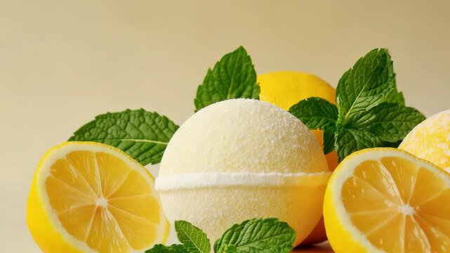 Learn to make bath bombs using lemon and mint. Watch step-by-step how to mix ingredients and shape them. Enjoy a fun time in a home kitchen while creating a refreshing product