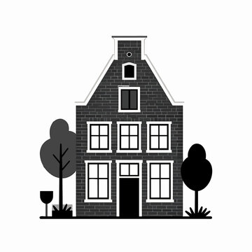 Vintage Amsterdam City Skyline Stamp Illustration: Detailed Black Vector Graphic Featuring Iconic Gabled Dutch Architecture and Canal Scene for Travel Branding