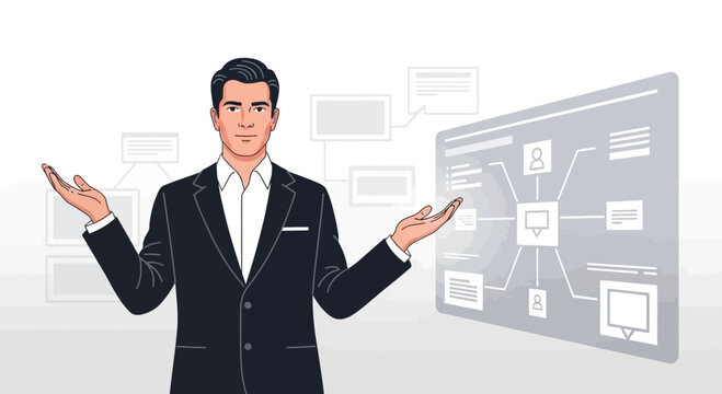 Businessman presents digital interface with data visualization and network diagram