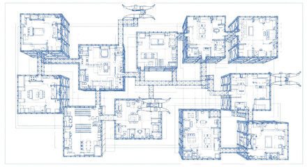 Fototapeta premium Blueprint Illustration of Modular Robotics Laboratory and Research Facility, Technical Top View Floor Plan of Interconnected Science Hubs with Blue Outlines