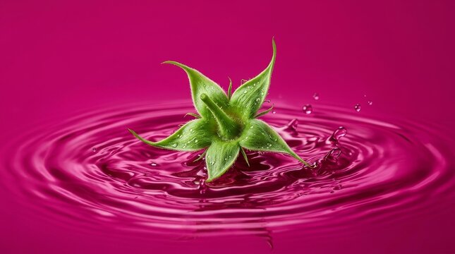 Fresh green calyx from a strawberry floating on deep magenta water with droplets.