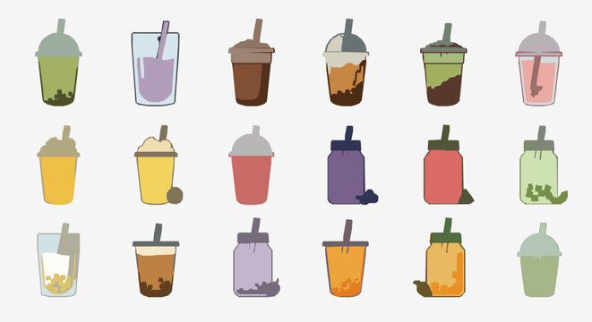 Bubble tea drink icon collection with colorful boba flavors and topping vector illustrations