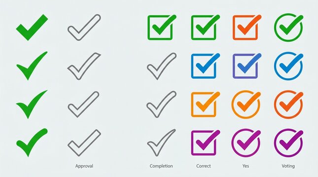 Minimalist check mark icons in varied styles, colors, and shapes representing approval, completion, and confirmation in modern vector design.
