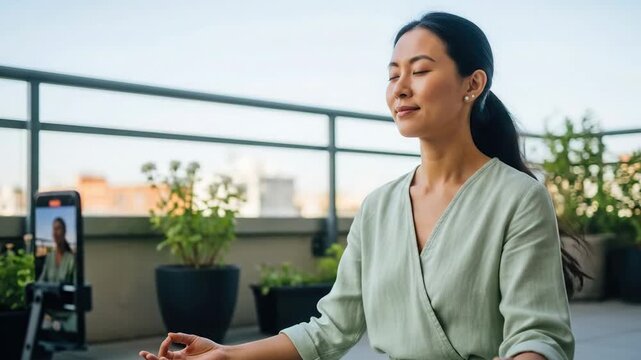 Asian woman meditating while smartphone records online yoga session on balcony, mindfulness and mental wellness in remote fitness lifestyle