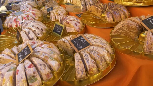 Traditional nougat sweets at festive market stall