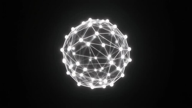 Futuristic glowing sphere of interconnected nodes and lines, luminous white mesh against black background, symbolizing global connectivity and digital visualization.
